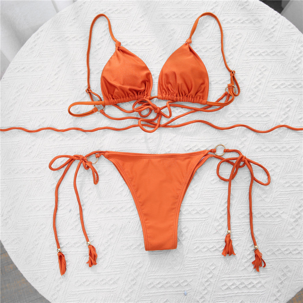Bikini con correa de tela brillante de nailon a la moda para mujer