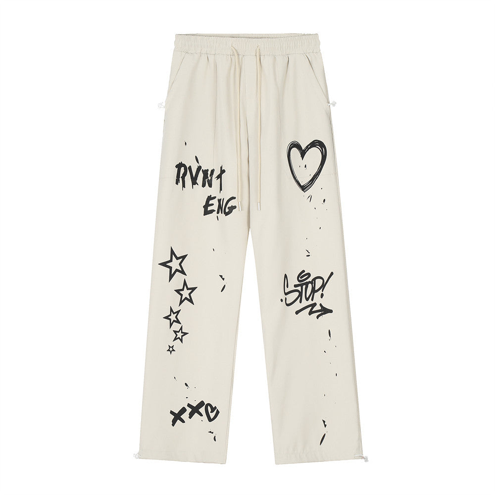 Men Fashion Brands Straight Loose Wide Leg Sports Drawstring Ankle Banded Pants