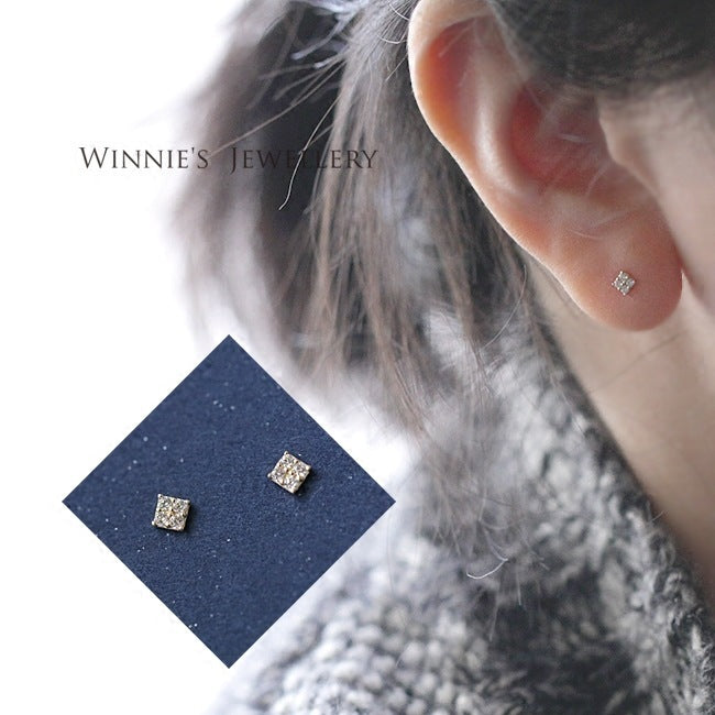 Mini boucles d'oreilles carrées simples en argent sterling plaqué or incrusté de carbink, jumelles assorties avec tout