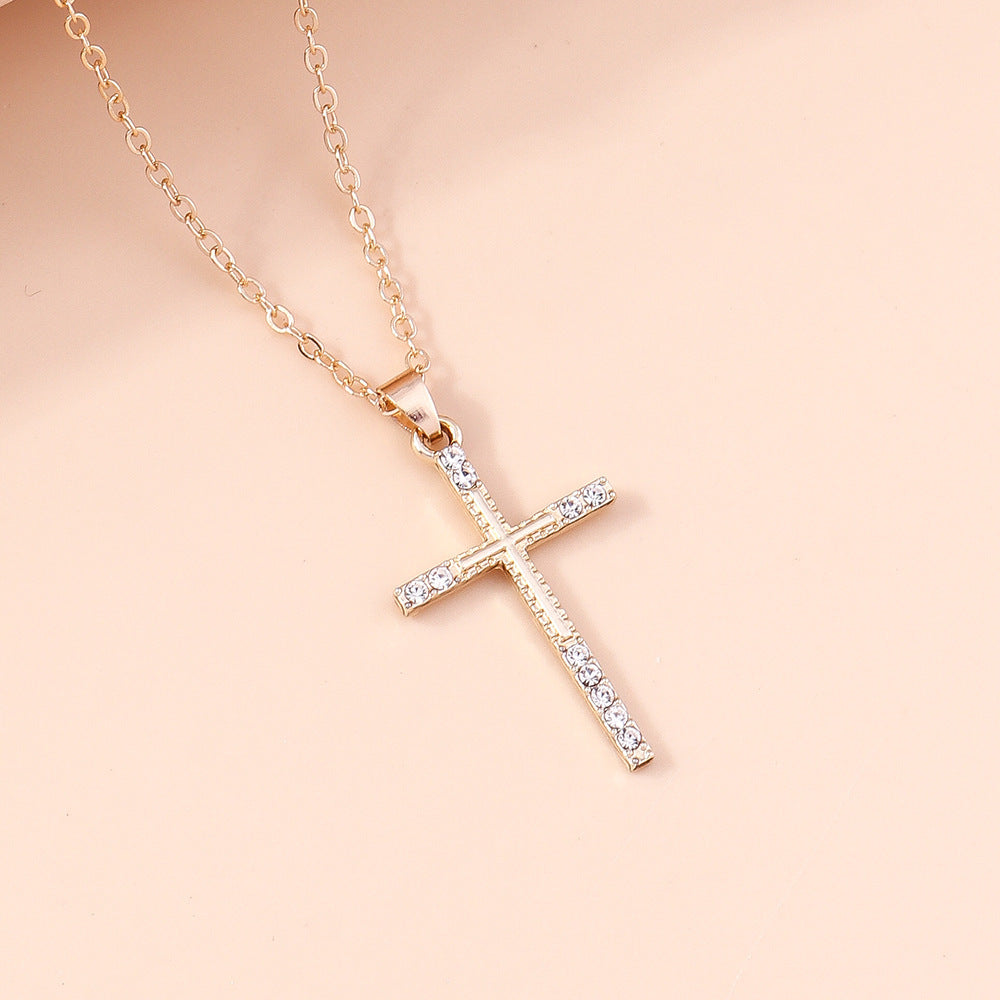 Fashion Simple Women's Diamond Spot Drill Hollow Cross Sweater Chain Necklace