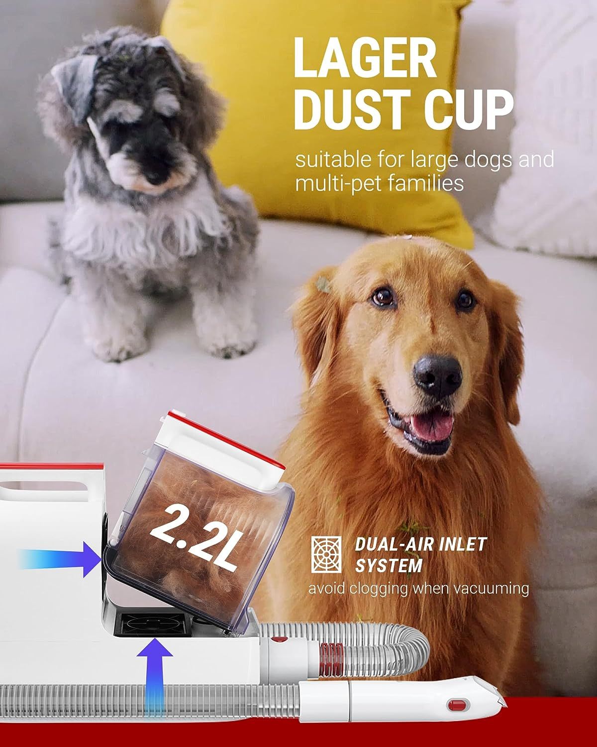 VacLife Aspirateur pour poils d'animaux avec tondeuse pour chien – Kit de toilettage polyvalent avec brosses et autres outils de toilettage pour chiens et chats – Faible bruit – Blanc et rouge