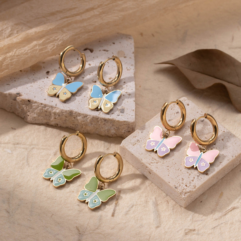 Boucles d'oreilles tendance en acier inoxydable, pendentif papillon Style dame gracieuse et douce, en acier titane