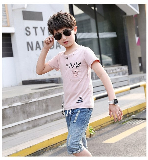 Vêtements d'été pour enfants, t-shirt et short en jean pour garçons, 2 pièces