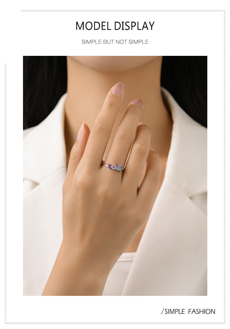 Women's S925 Sterling Silver Drop-shaped Color Zircon Ring