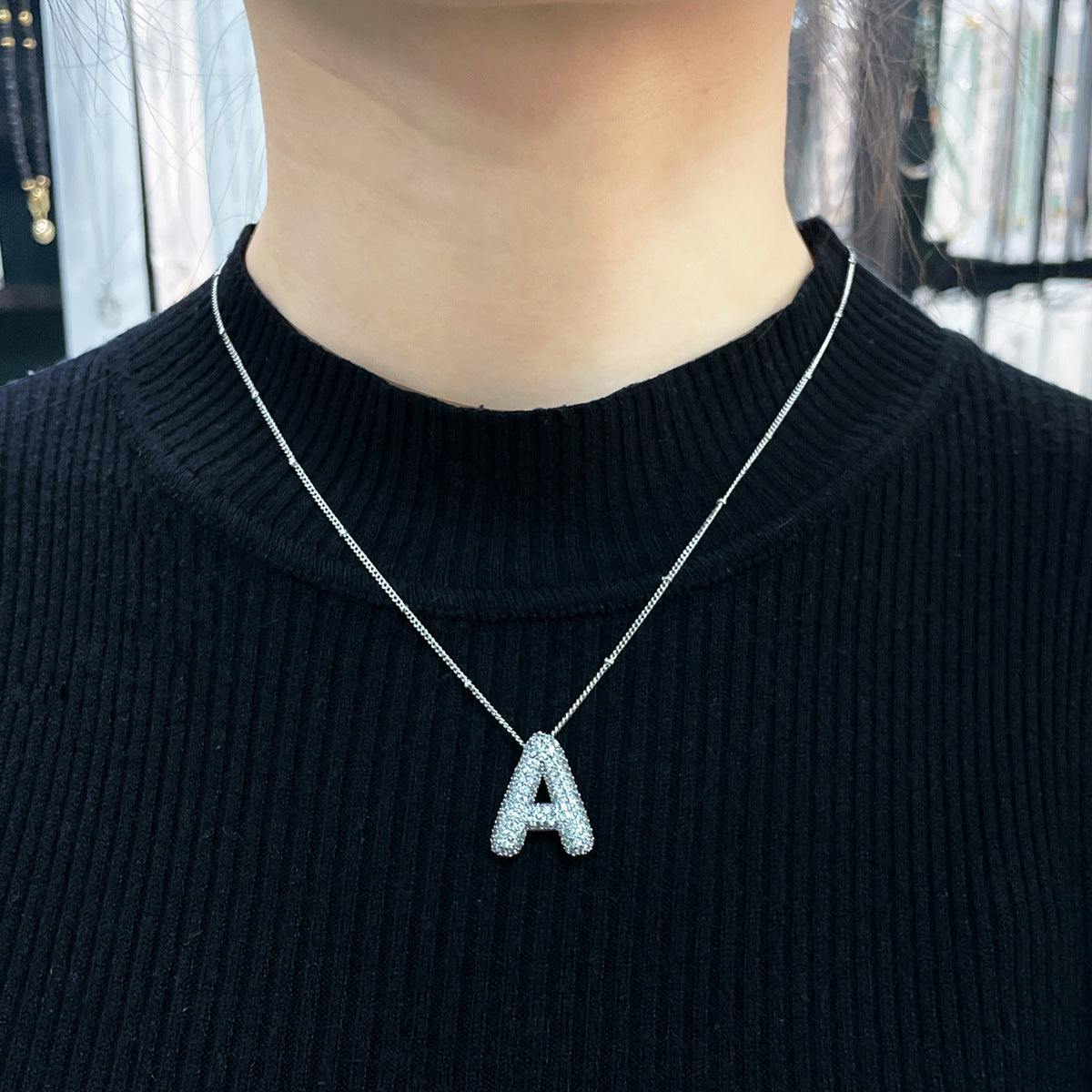 European And American Letter Necklace Inlaid With Zircon Hollow Copper White Gold Plated