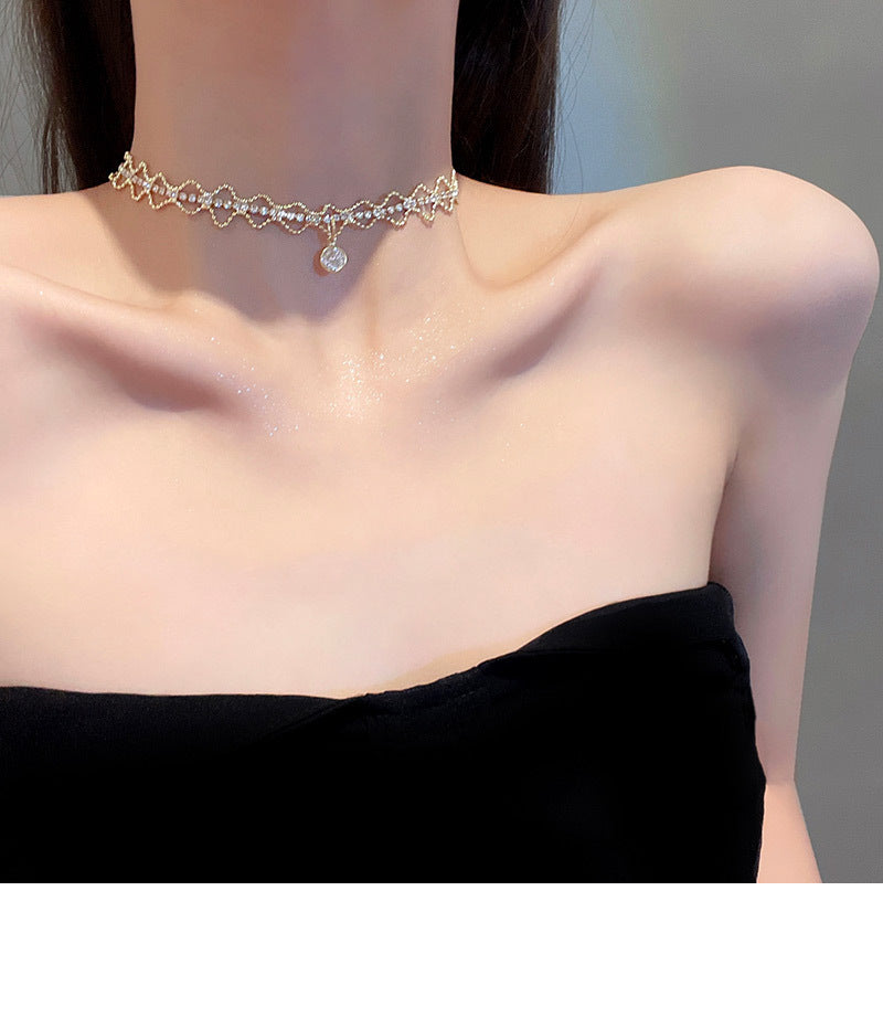 Elegante collar retro francés de circonita de doble capa para mujer