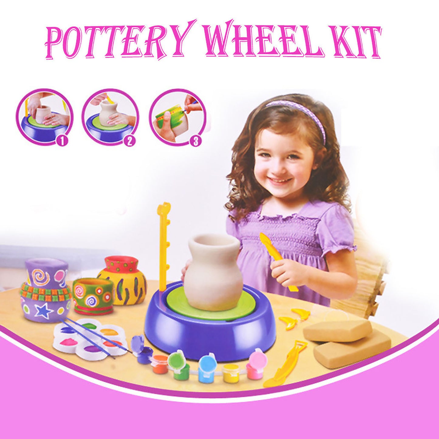 Bginners – Kit de roues de poterie, jouets artisanaux pour enfants, avec peintures et outils, bricolage, Pots en argile, ensemble de roues de poterie, cadeaux pour enfants