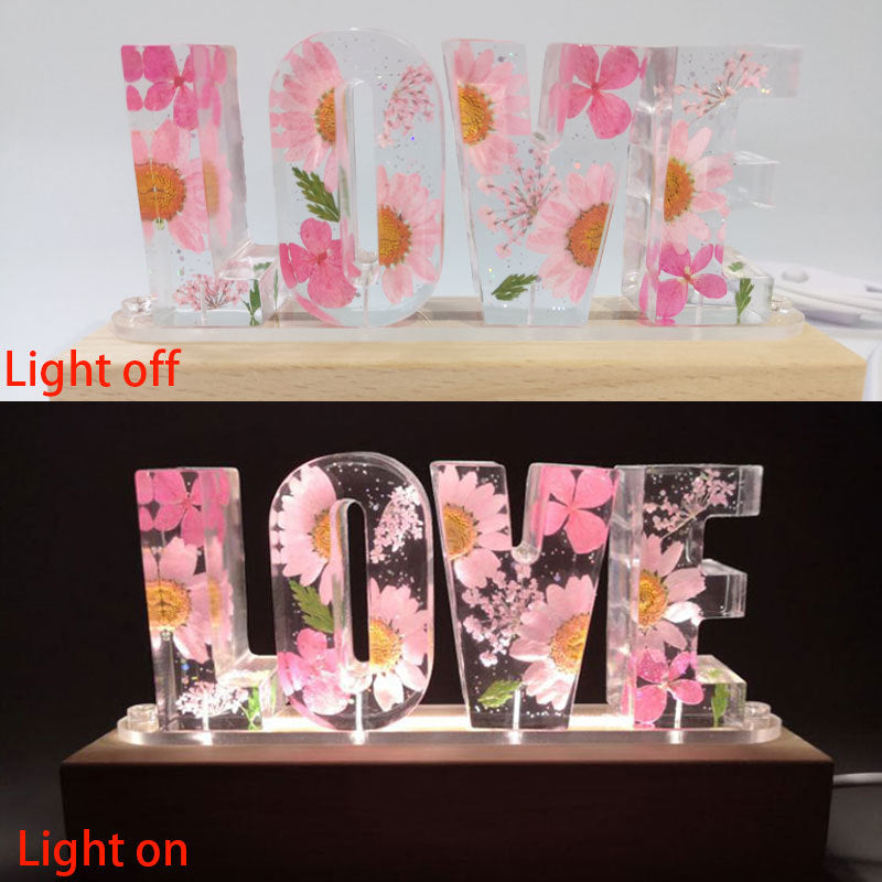 Lámpara de mesa con letras de amor, luz nocturna creativa con flores secas