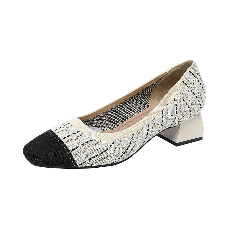 Zapatos de princesa tejidos voladores con tacón medio y corte bajo, punta cuadrada, estilo clásico, bloqueo de Color, seda dorada, nuevo