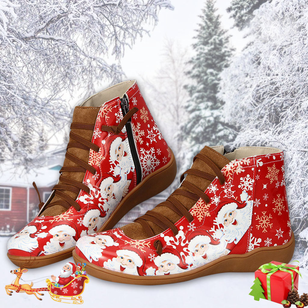 Bottines de noël pour femmes, chaussures plates décontractées avec imprimé de flocon de neige, fermeture éclair latérale, bottes courtes