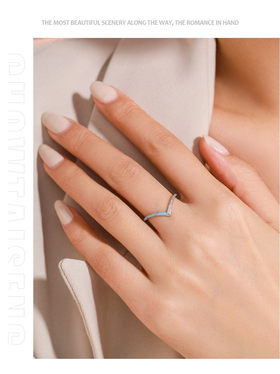 S925 Sterling Silver Fashion V-shaped Blue Enamel Diamond-studded Ring