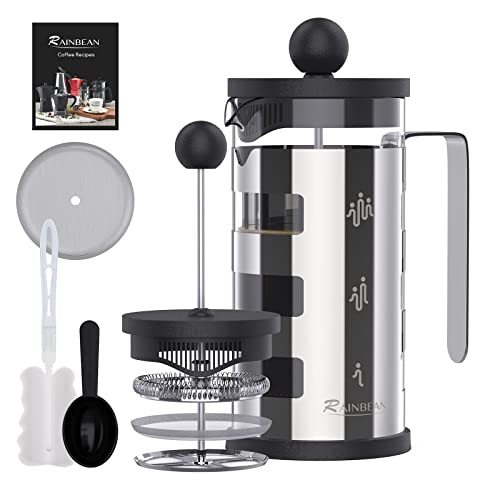 Cafetera De Prensa Francesa 4 Tazas, Cafetera Con Carcasa De Acero Inoxidable - Resistente Al Calor - Prensa De Café Con Filtro De Acero Inoxidable Para Amantes Del Café, Plata, 350 Ml Y 600 Ml