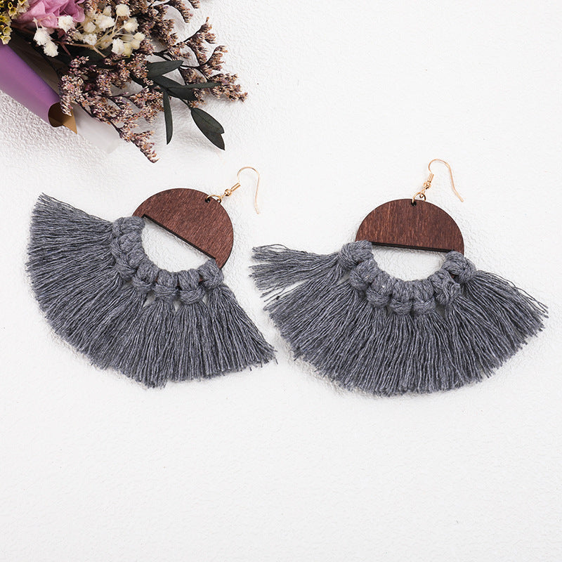 Pendientes Tejidos a Mano Macrame Madera Original Borla Ecológica