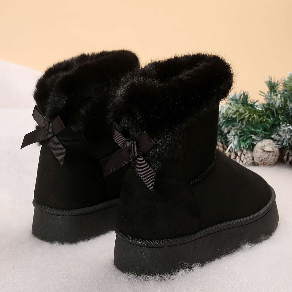 Bottines de neige à nœud papillon pour femme, chaussures chaudes en velours à semelles épaisses, simples, en coton, pour loisirs quotidiens, nouvelle collection hiver