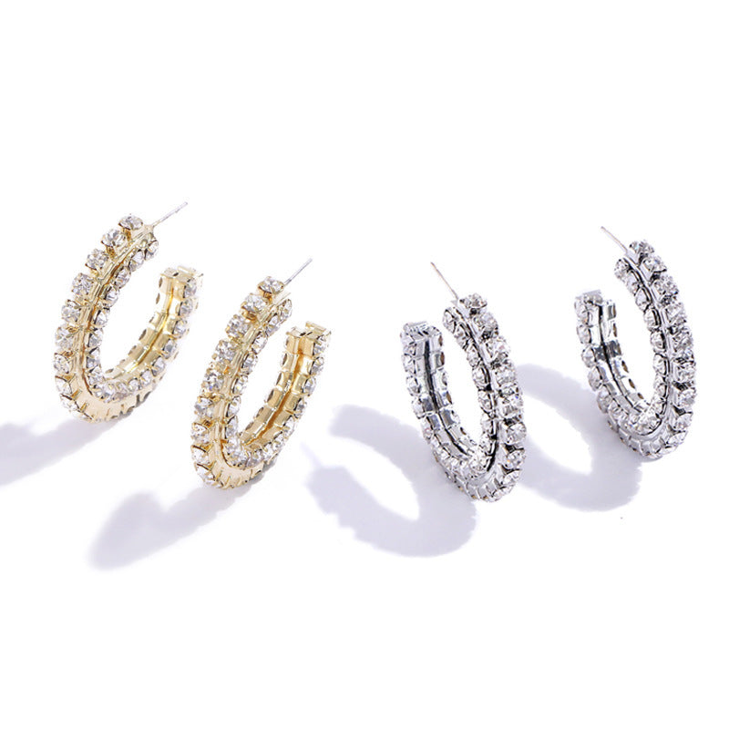 Pendientes estilo escarchado de diamantes llenos de semicírculo en forma de C Dongdaemun de estilo coreano