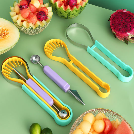 Ensemble d'outils professionnels de sculpture de fruits de coupe-pastèque en acier inoxydable 4 en 1, couteau à pastèque pour enlever les graines de fruits, couteau à pastèque pour séparateur de pulpe, trancheuse de fruits, ensemble de cuillères à melon