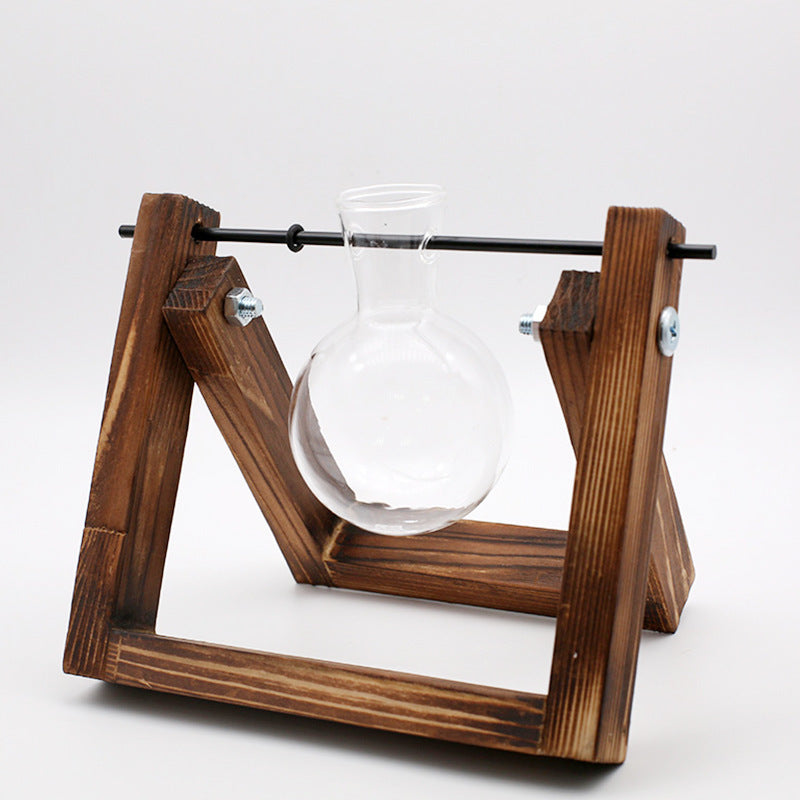 Vase en verre de récipient de plante hydroponique de support en bois d'oscillation