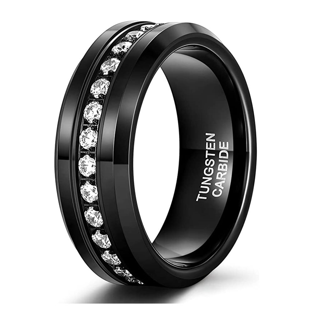 Bague en tungstène argenté unisexe à une rangée de diamants incrustés de pente
