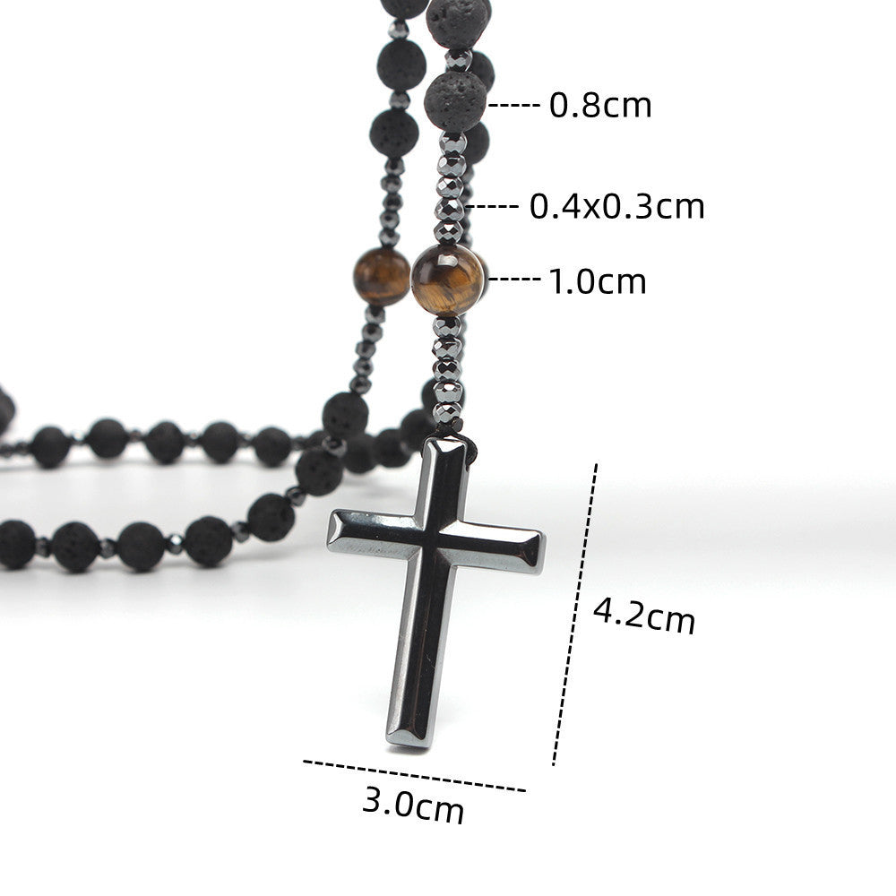 Natural Stone Black Volcanic Rock Yellow Tiger Eyes Haematite Cross Religion Men's Necklace Beads