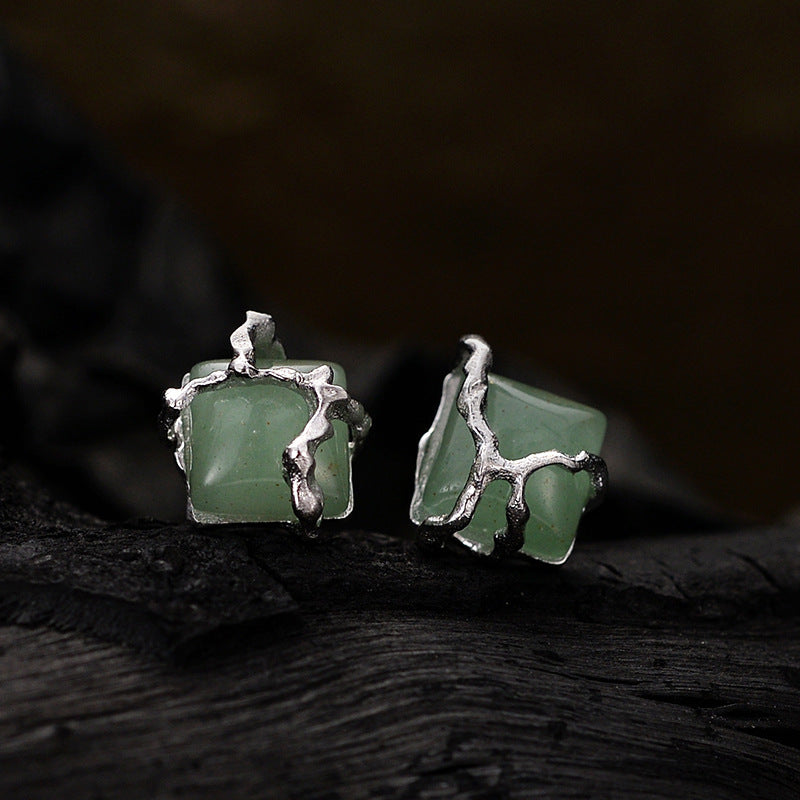 Nouveau Style chinois Simple S925 en argent Sterling perle carrée vert Aventurine boucles d'oreilles