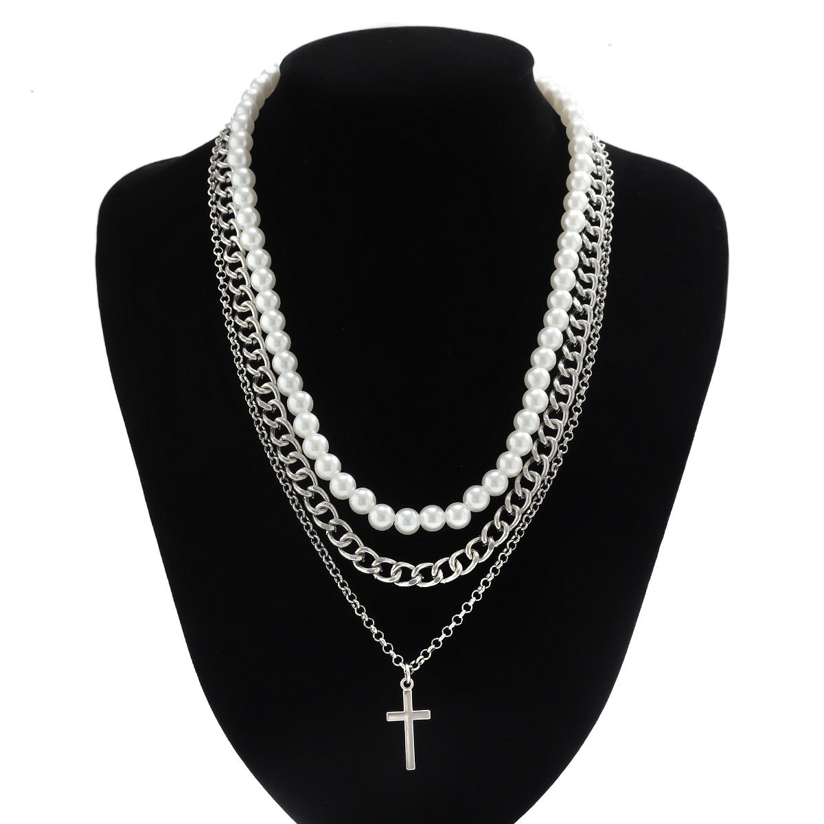 Collier Hip Hop Hipster européen avec croix de perles