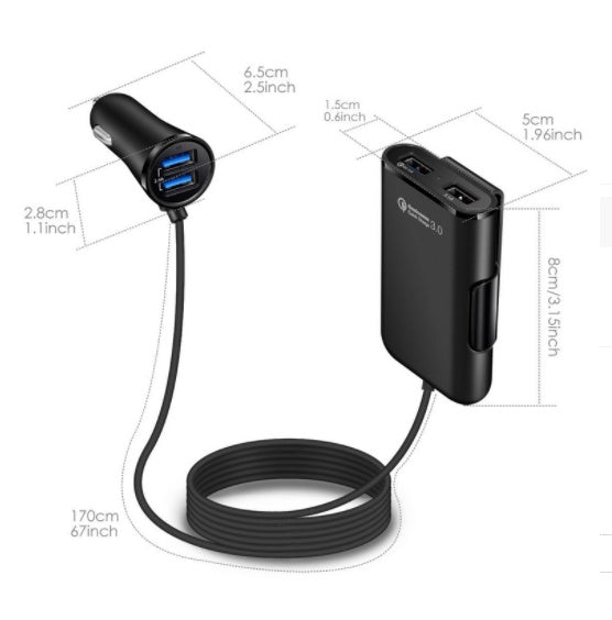 Compatible con el cargador de coche del asiento trasero QC3.0 2.4A3.1A 4 USB con cable un clip
