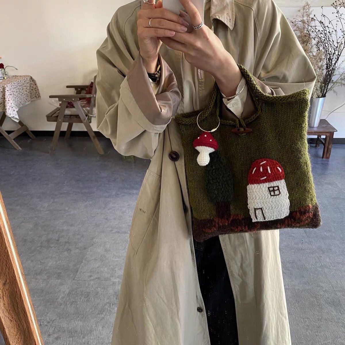 Casa de setas hecha a mano tejido de lana Vintage lindo bolso señoras