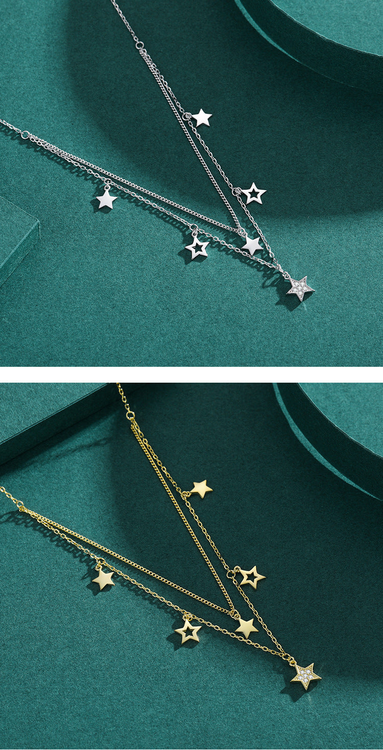 S925 Sterling Silver Double Circles Star Necklace