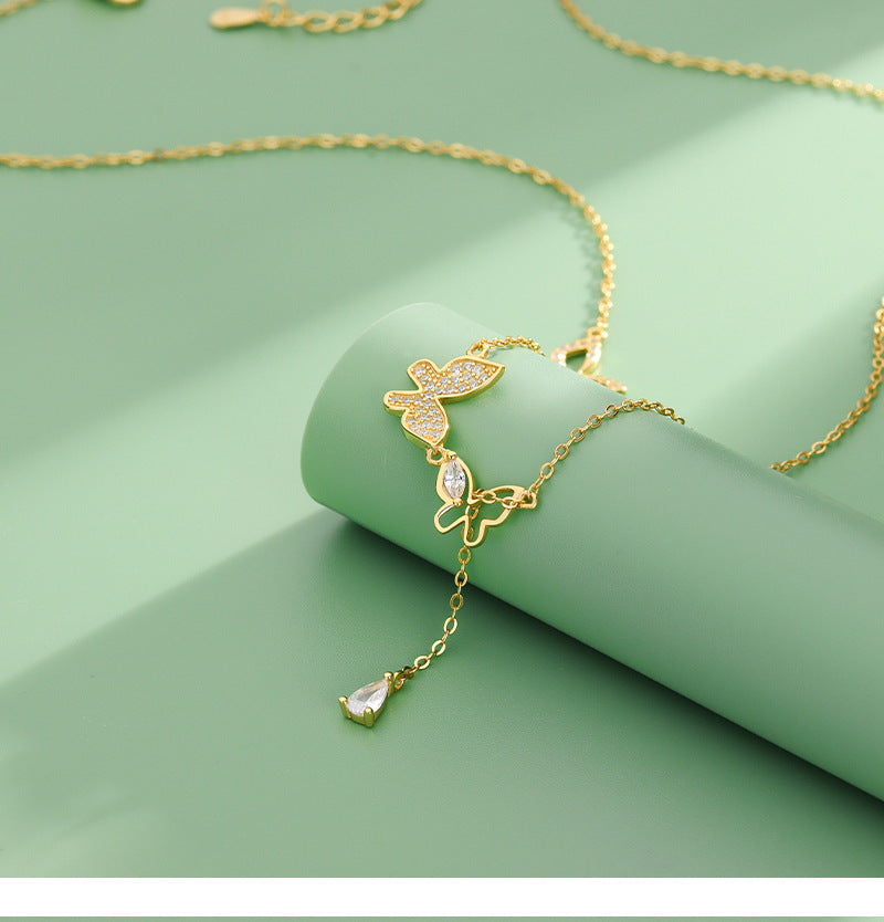 S925 Sterling Silver Diamond Tassel Butterfly Necklace