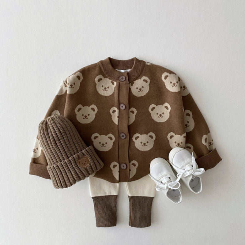 Moda infantil oso suéter abrigo moda lindo dibujos animados cuello redondo