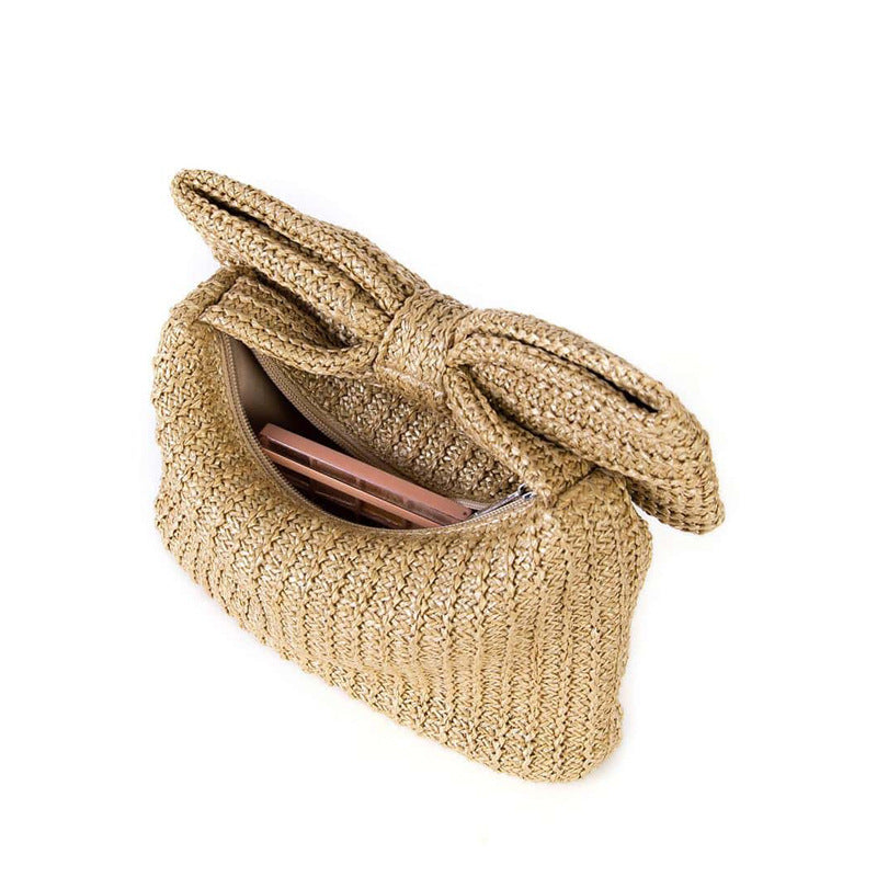 Sac à main minimaliste en paille avec nœud papillon pour femmes