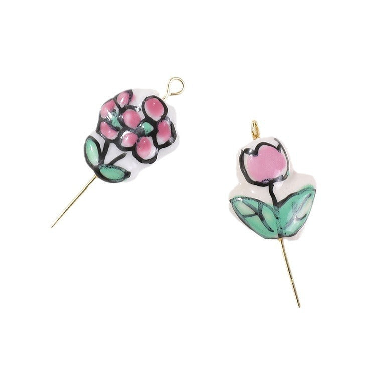 Perles en céramique tulipe rose peintes à la main