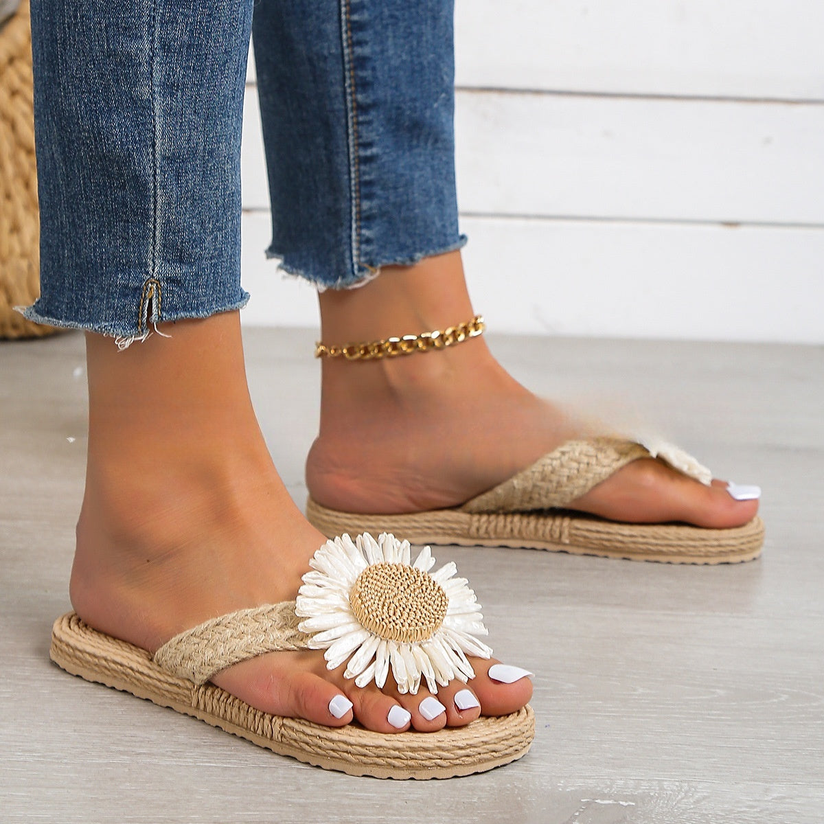Été nouvelle mode femmes lin mode Simple fleur plat sandales décontractées