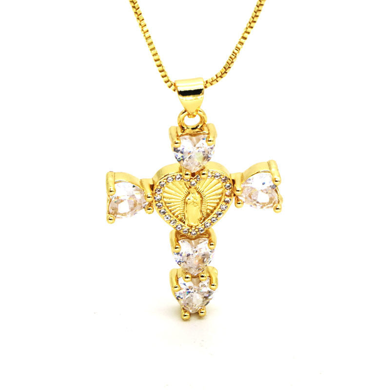 Hip-hop Fashion Inlaid Color Diamond Cross Love Virgin Mary Pendant Necklace For Women