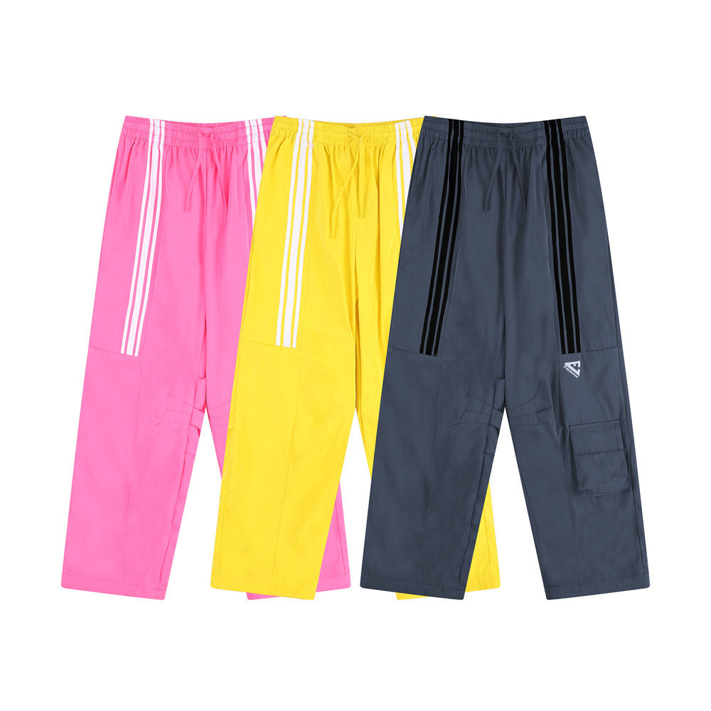 Men's Striped Stitching Ruffle Thin Ankle-tied Drawstring Sports Pants