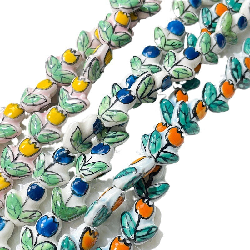 Porcelaine peinte à la main imprimé tulipe perles en céramique perforées bijoux à bricoler soi-même accessoires matériaux