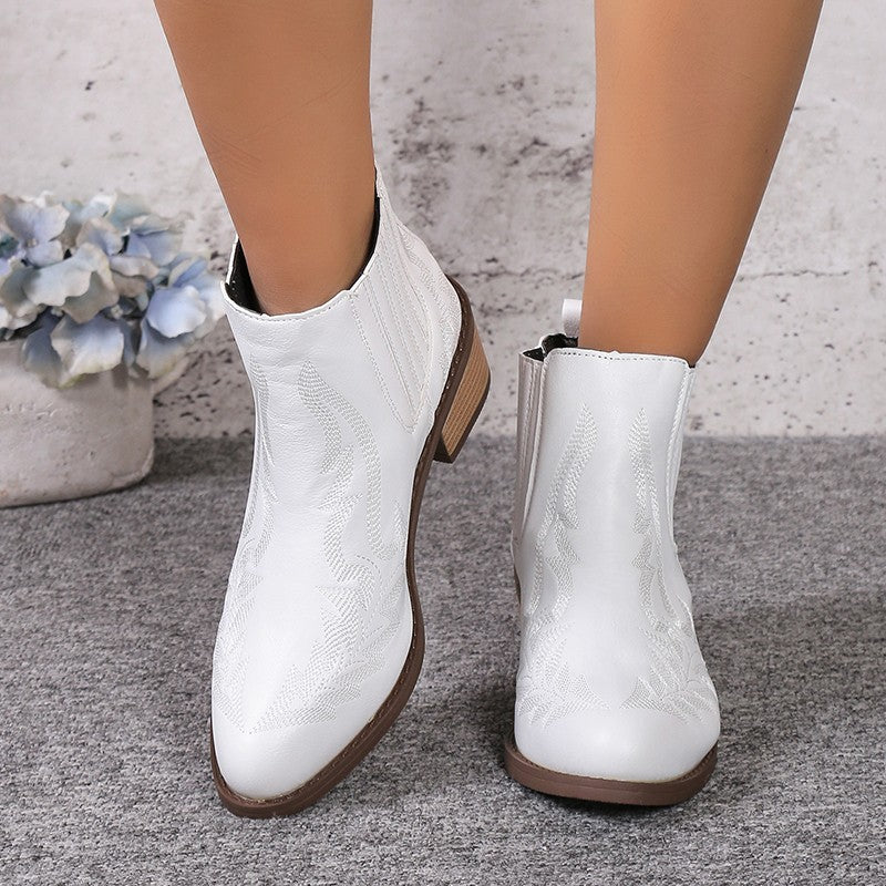 Bottines brodées Martin Vintage à bout pointu et talon épais pour femmes