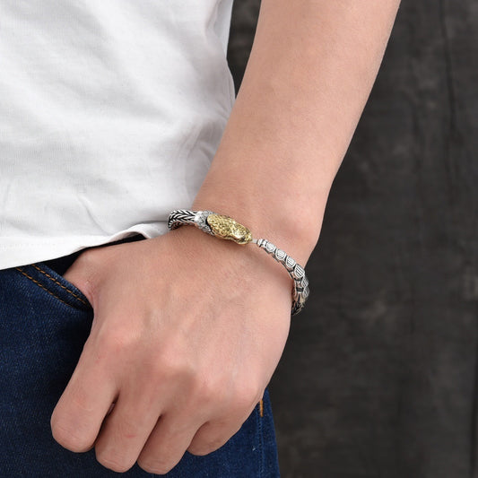Bracelet personnalisé dragon en argent sterling entrant dans la mer rétro en détresse
