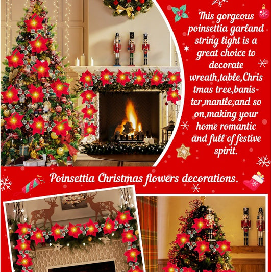 Luces navideñas LED de primer grado con flores rojas y frutos rojos para decoración del hogar