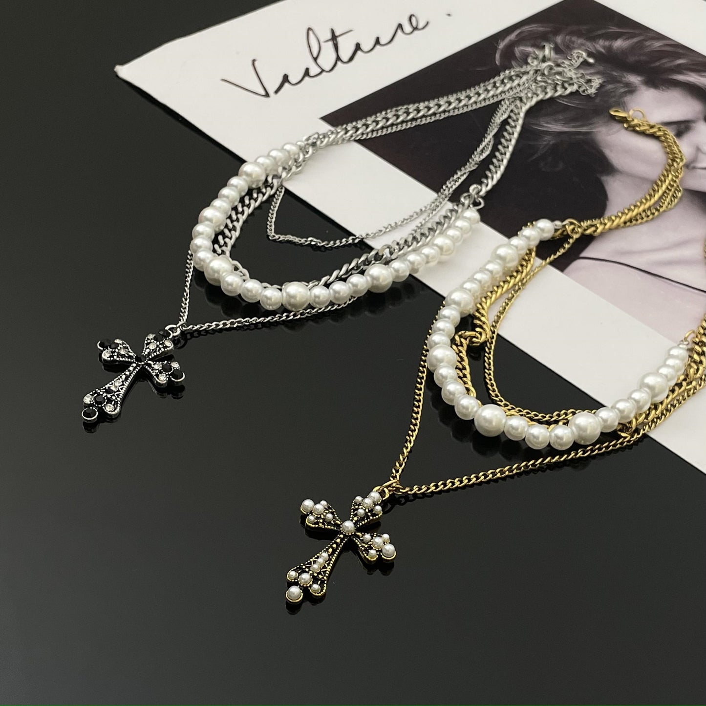Baroque Cross Pearl Multi-layer Necklace
