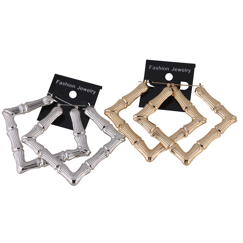Boucles d'oreilles en bambou doré, grandes formes carrées exagérées, de forme européenne et américaine