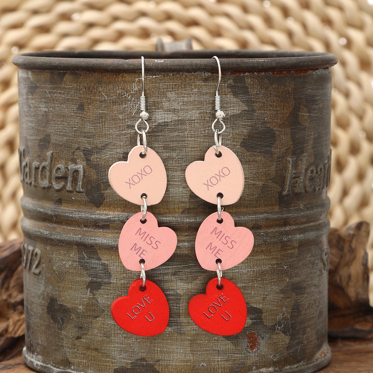 Boucles d'oreilles multicouches en forme de cœur d'amour pour la Saint-Valentin, lettres anglaises