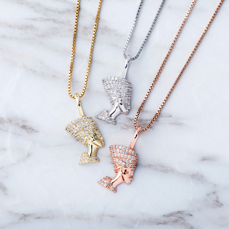 Reine Naftiti tête Portrait Hip Hop pendentif complet Zircon 925 argent dames collier