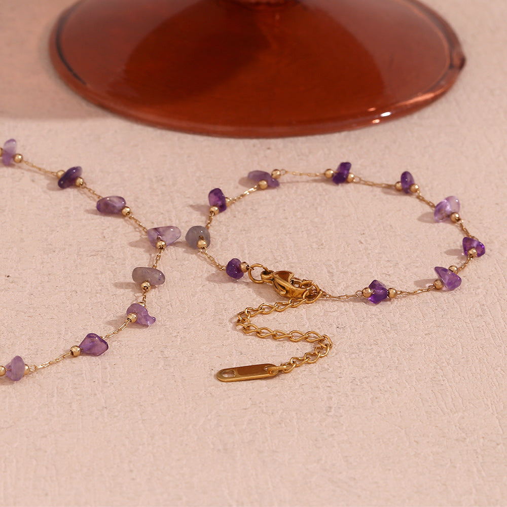 Stainless Steel 18K Gold Plating Amethyst Gravel Handmade Chain Necklace Bracelet For Women
