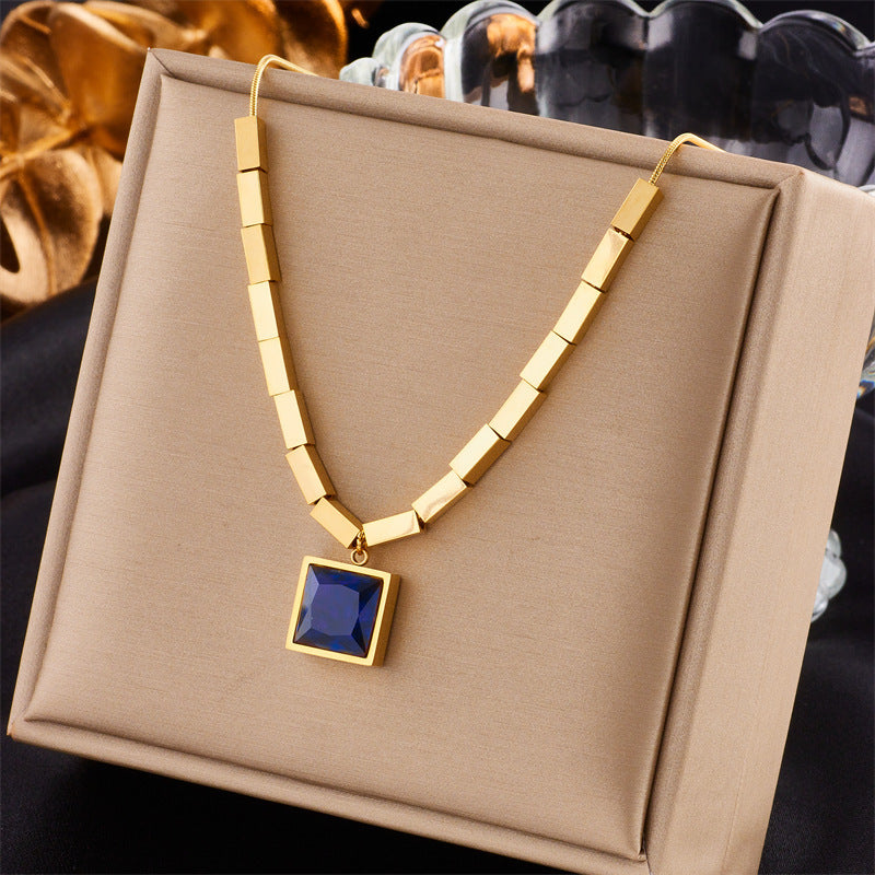 Collier double en acier titane avec pendentif carré diamant