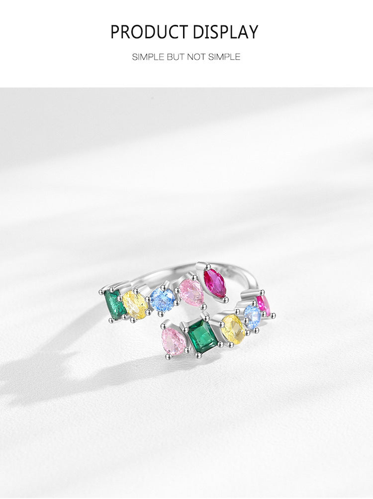 Women's S925 Sterling Silver Rainbow Zircon Opening Geometric Design Ring