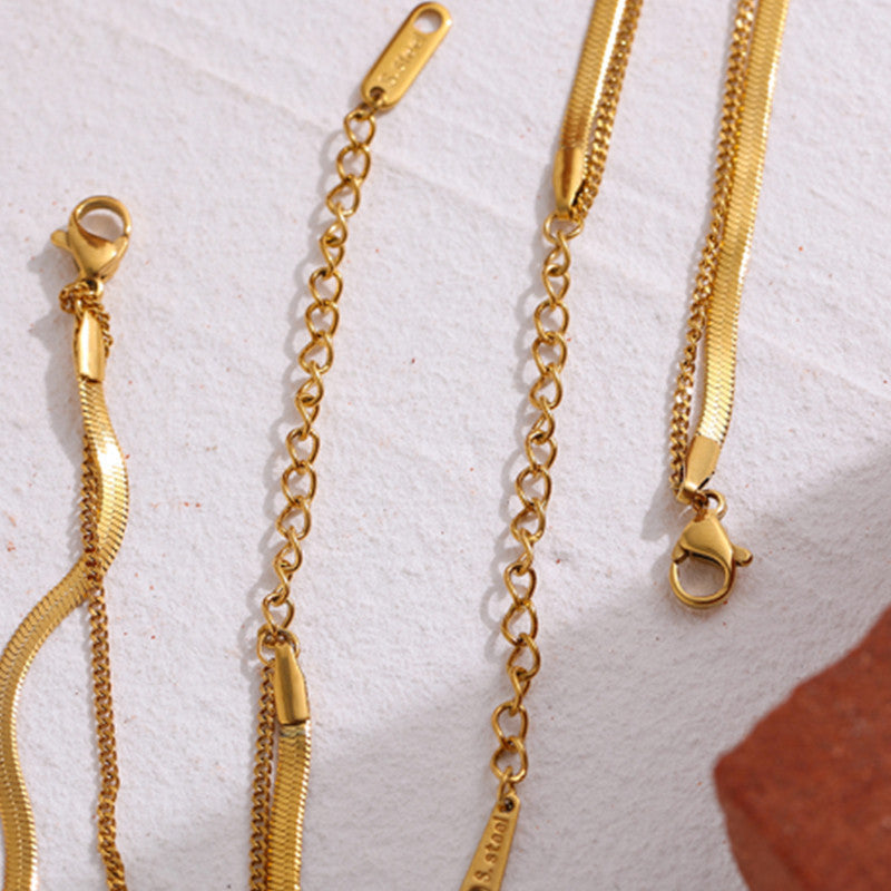 Collier double couche en acier inoxydable et zircon carré en or 18 carats