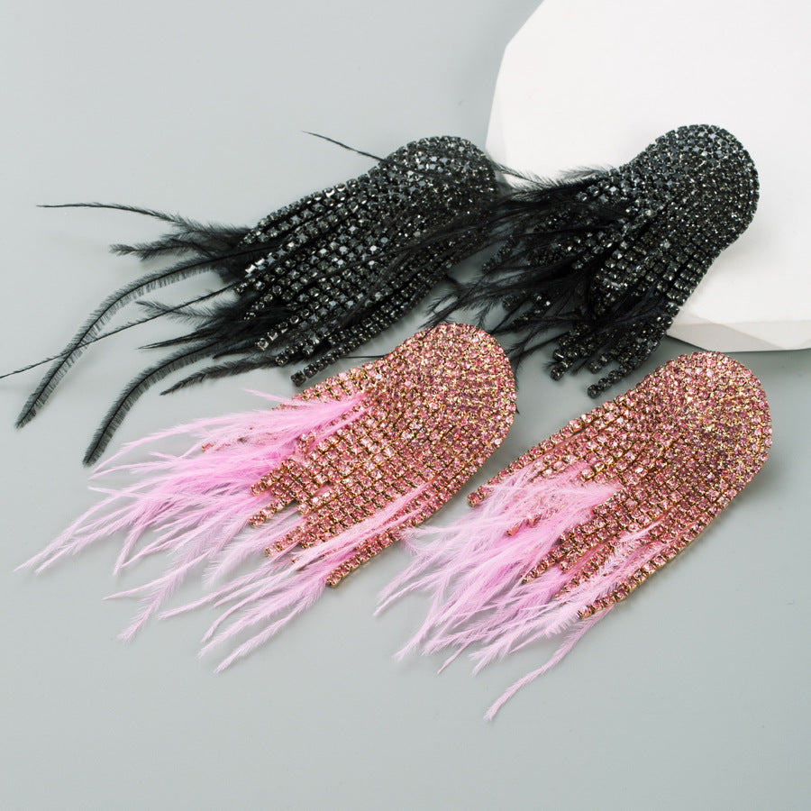 Feather Female Baroque Style Diamond Claw Chain Earrings