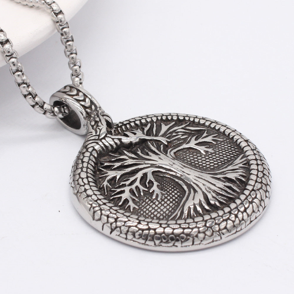 Viking Lucky Tree Titanium Steel Round Plate Pendant Necklace