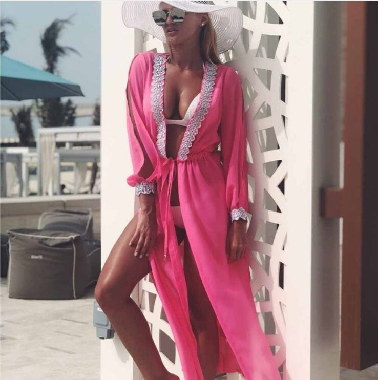 Blusa con cordones y perspectiva dividida de encaje de manga larga para mujer